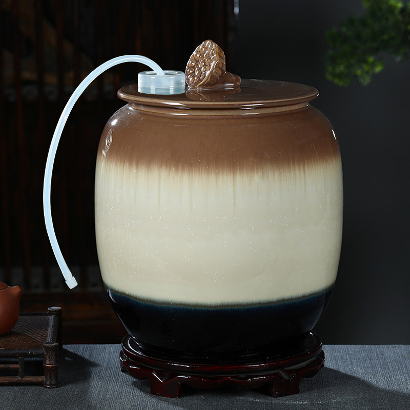 景德镇陶瓷蓄水缸储水罐20/30/50斤泡茶台抽水桶带盖家用纯净水机