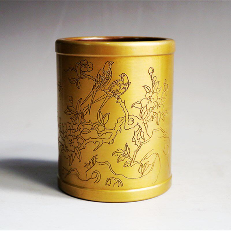 铜笔筒 纯铜 花草笔筒 纯铜加厚笔筒摆件 仿古做旧中国风铜工艺品