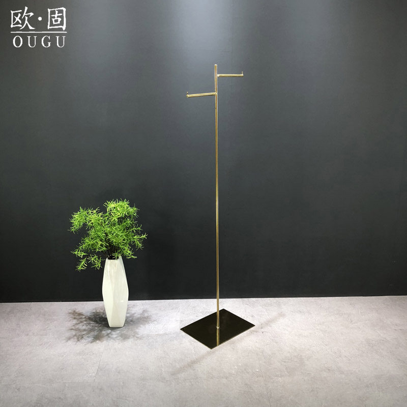 服装店展示架高档拉丝亮光钛金色实心不锈钢落地式衣帽正挂衣架子
