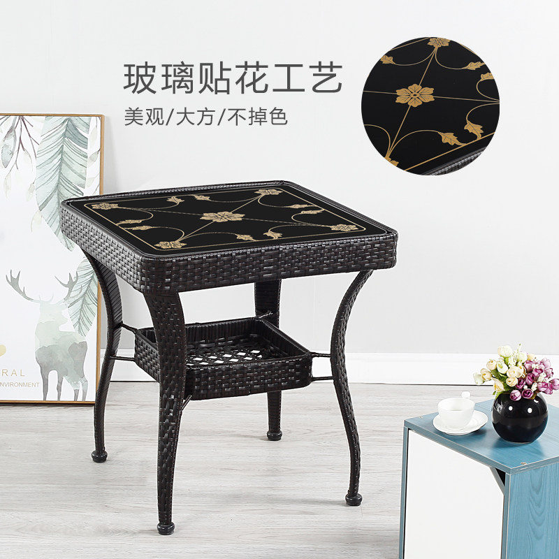藤编小圆桌方桌子小茶桌三件套玻璃茶几欧式咖啡桌椅床头简约卧室