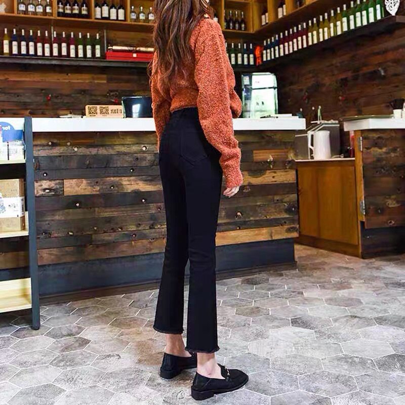 黑色微喇牛仔裤女高腰九分春季2021新款显瘦微喇叭小个子八分裤子