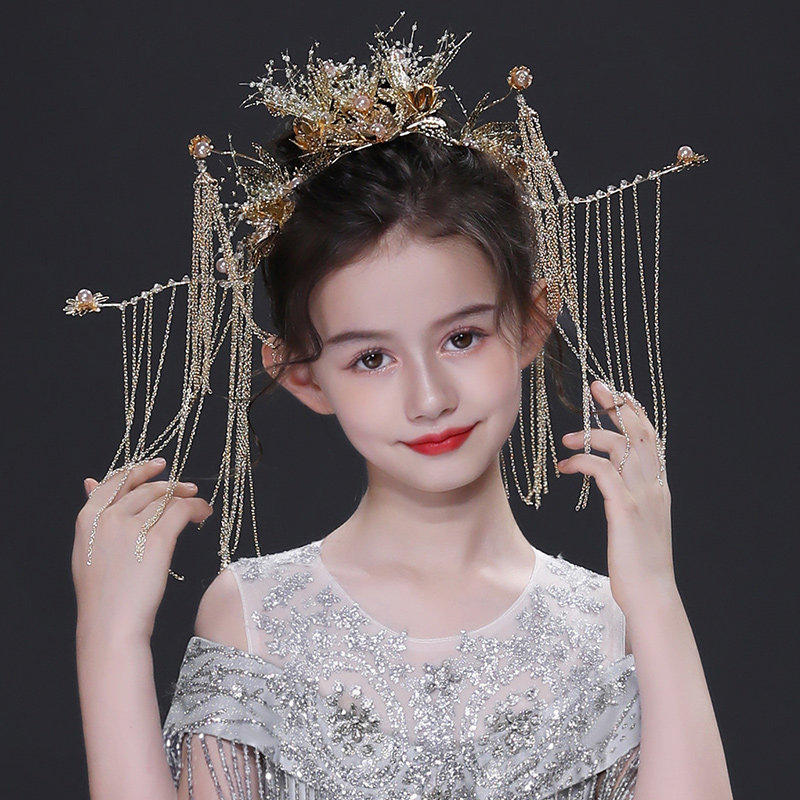 儿童礼服古风发饰流苏女童秀禾服发冠头饰小女孩古装凤冠发饰配饰