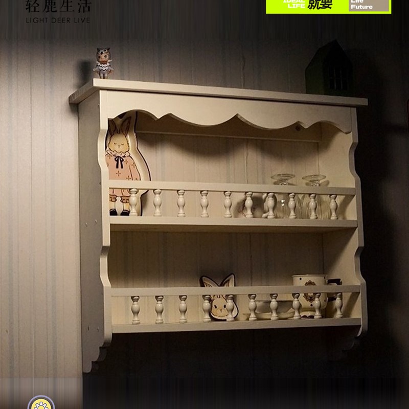 中古风实木网红壁式碗碟置物架咖啡店餐厅复古上墙收纳架陈列柜