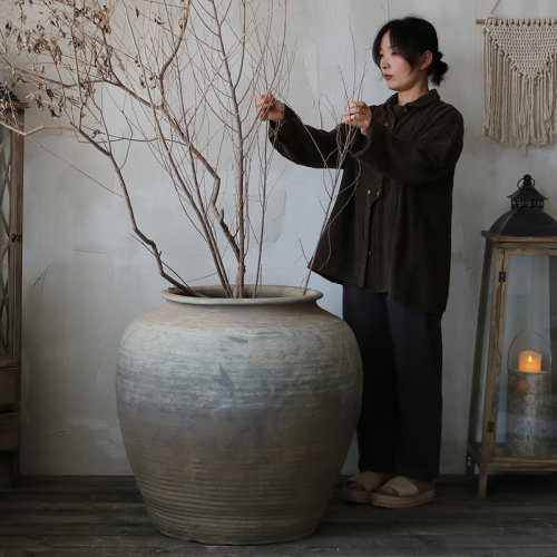 仿古陶缸花园庭院粗陶翁缸侘寂风落地圆肚大型花瓶大缸复古中式风