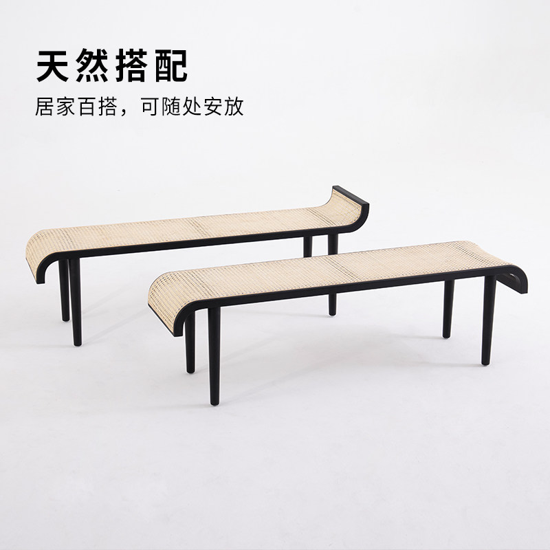 白蜡木北欧风格长椅 复古实木皮饰面长条凳 藤编一体餐椅家用