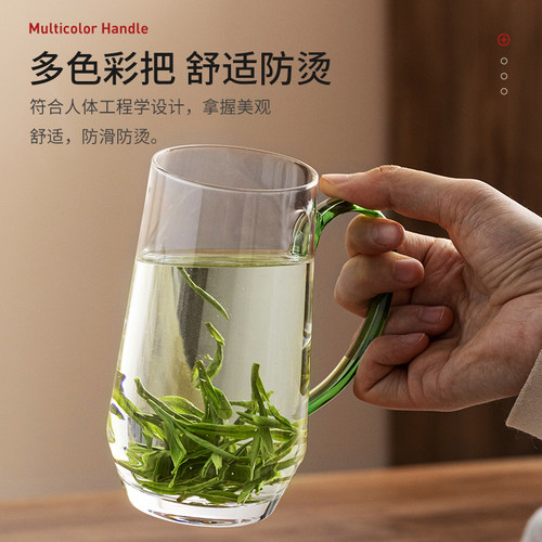 茶杯玻璃杯家用耐高温高端大容量带把待客绿茶泡茶杯个人喝水杯子