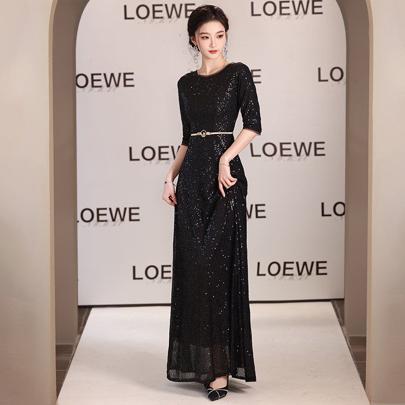 黑色大合唱团演出女主持指挥服钢琴演奏艺考表演成人晚礼服装长裙