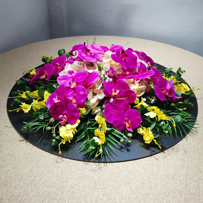 高档酒店圆桌中间摆花餐桌转盘花餐厅桌面摆放假花包厢蝴蝶兰摆件