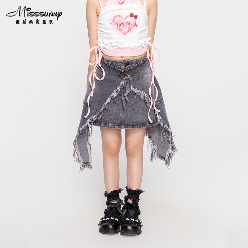 [裙摆可解]灰色两穿牛仔短裙女童装2024夏季新款休闲包臀半身裙