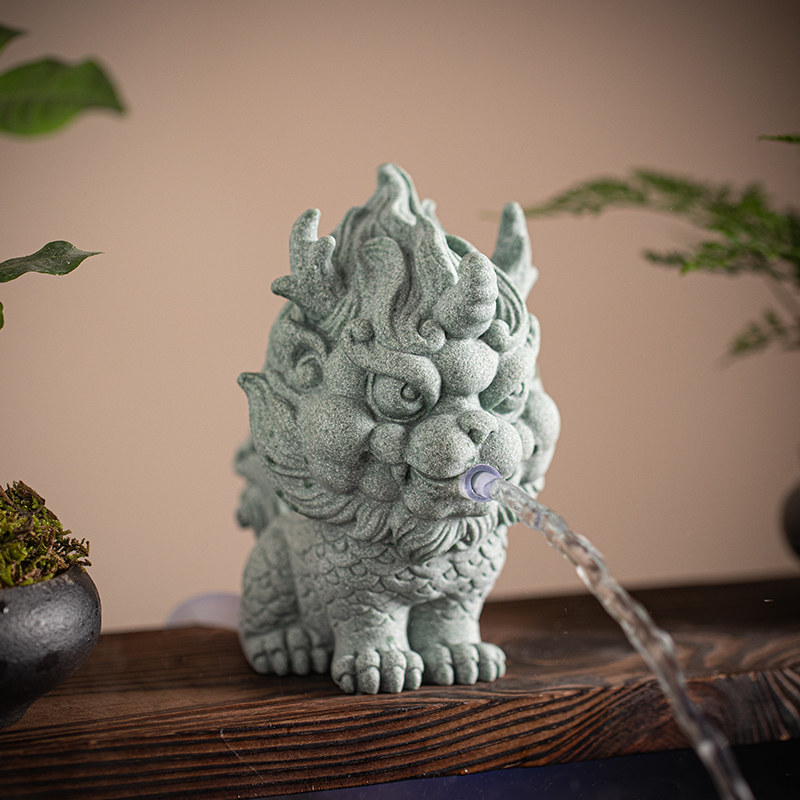 新中式瑞兽招财麒麟流水配件古法养鱼缸上水循环摆件创意龙龟造景