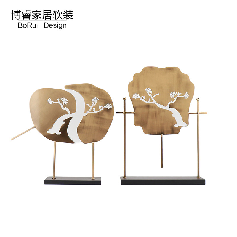 新中式金属迎客松扇子摆件样板房售楼处别墅展厅创意轻奢软装饰品