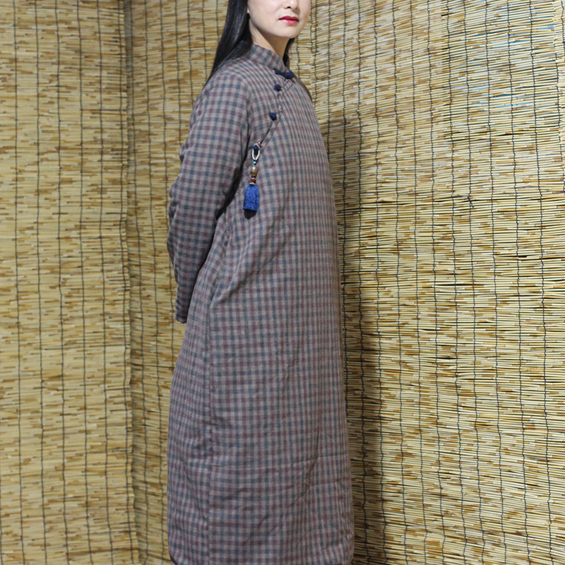【岁月悠香】蓝咖色织格子夹棉袍长棉衣冬裙复古中式宽松旗袍茶服