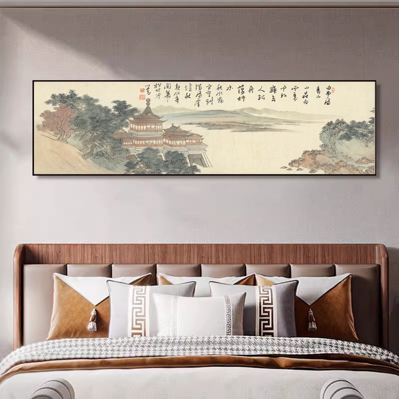 清代溥儒水墨楼阁风景国画客厅挂画沙发背景墙装饰画卧室床头壁画