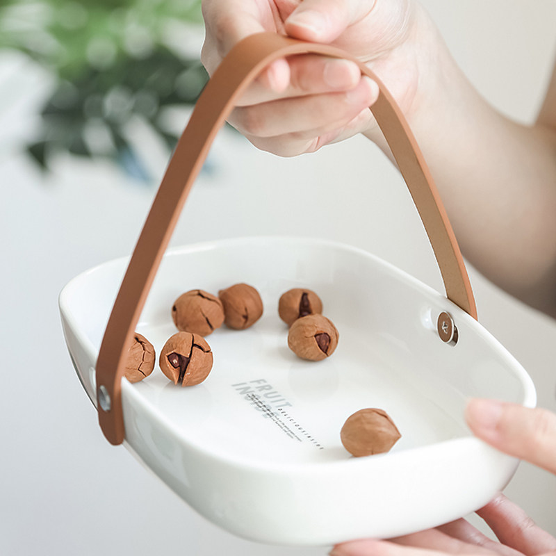 态生活北欧皮革提手盘客厅家用轻奢茶几陶瓷托盘零食糖果盘水果盘