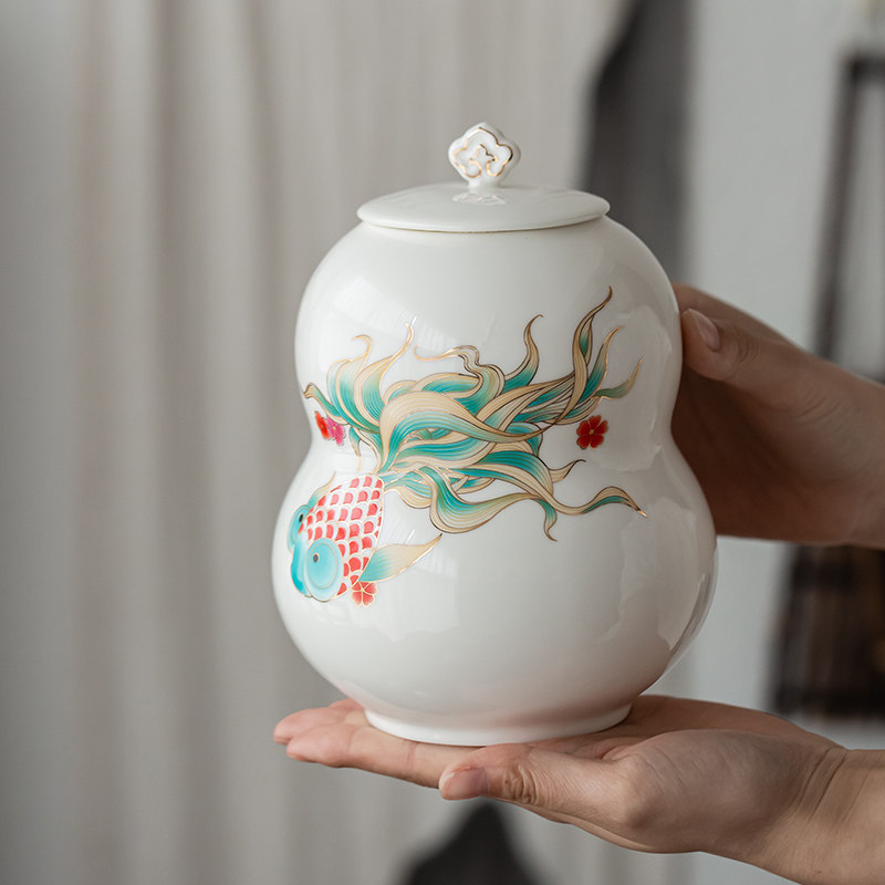 德化陶瓷葫芦茶叶罐密封罐大号白瓷储物罐复中式风半斤一斤装礼盒