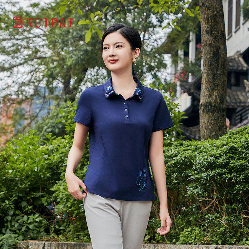 葵牌2025春夏季新品中老年妈妈装POLO翻领气质绣花针织衫女上衣