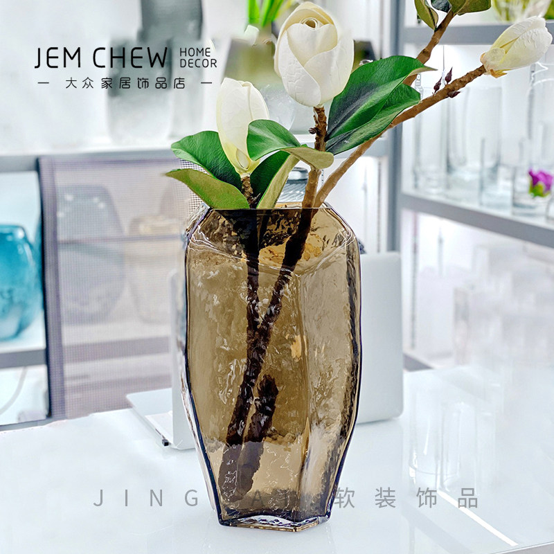 新中式北欧美式咖落地大号扁几何玻璃花瓶创意水纹花器样板间摆件