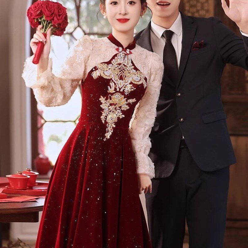 中式旗袍敬酒服2024新款秋冬季新娘结婚高级感订婚高端晚礼服裙女