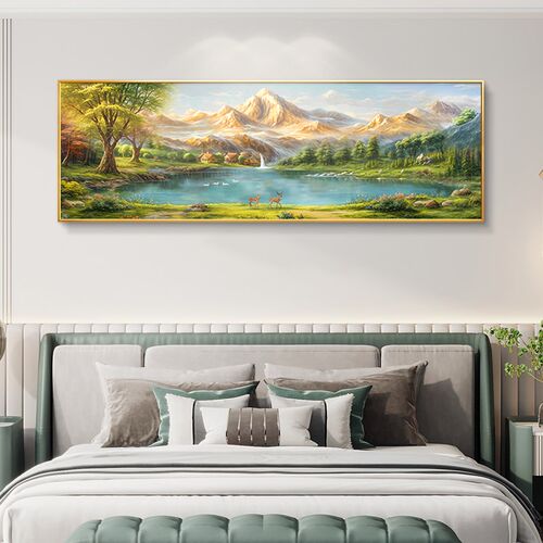 背靠金山床头画卧室挂画轻奢高级感主卧房间装饰画聚宝盆山水壁画