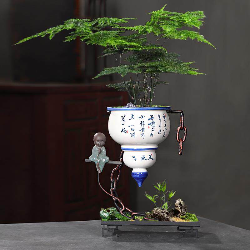 陶瓷花盆中国风设计悬挂式蝴蝶兰铁艺文竹多肉盆景桌面地面两用花