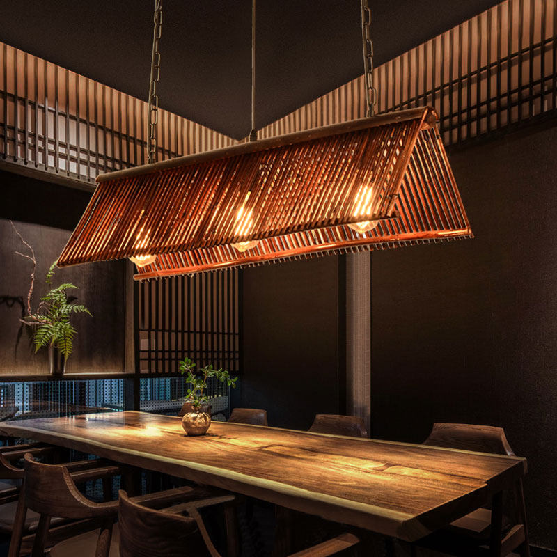 中式吧台收银台吊灯仿古竹编竹艺长条灯茶室餐厅饭店客厅禅意木艺