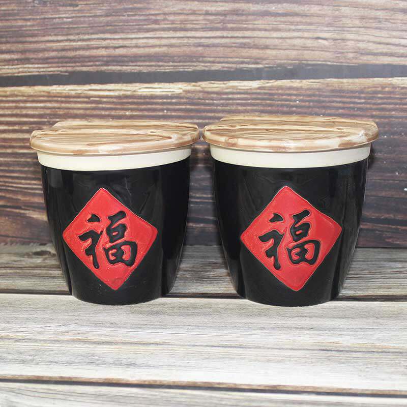 包邮 2个福字小缸调料酱缸辣椒罐土陶缸陶瓷杯农家乐酒店特色餐具