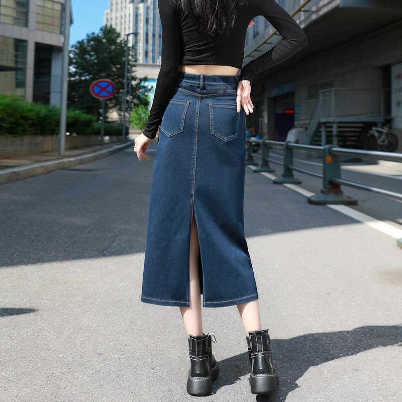 长款软牛仔半身裙女高腰包臀2024春秋弹力修身显瘦开叉直筒铅笔裙