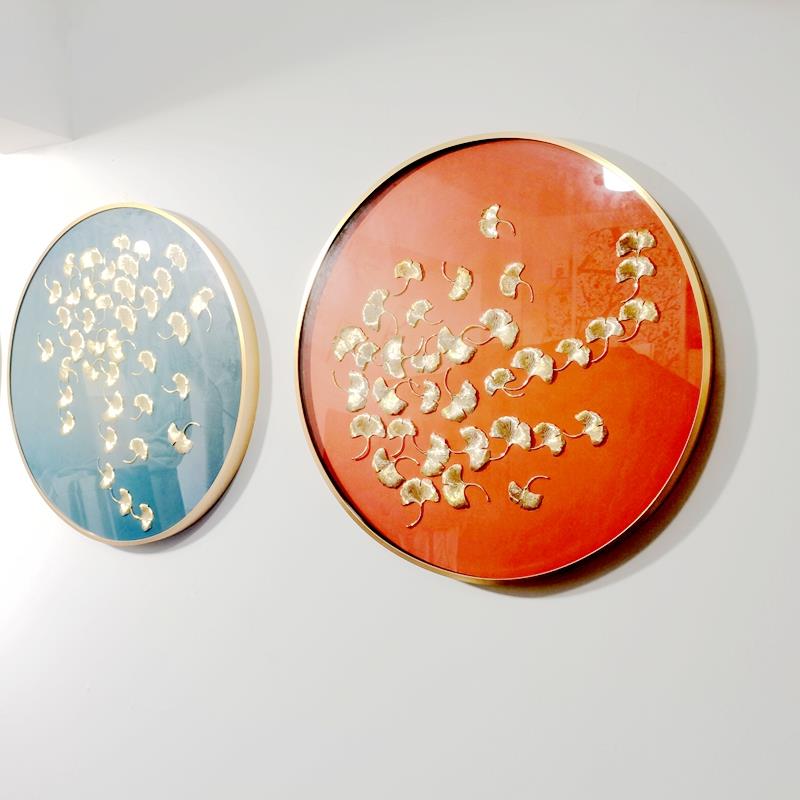 圆形铁艺三联立体实物画银杏叶装饰画新中式入户走廊玄关挂画进门