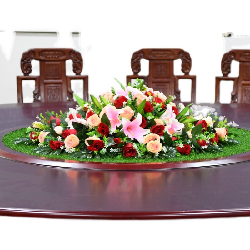 酒店圆形餐桌花电动转盘装饰花大圆桌草坪垫假花摆件餐厅摆放花艺