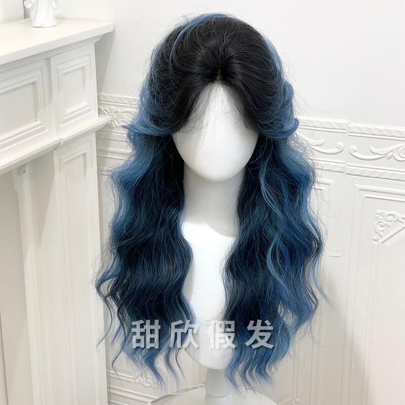 甜欣假发女日常新款前额蕾丝蔚蓝渐变水波纹长卷发气质修脸全头套