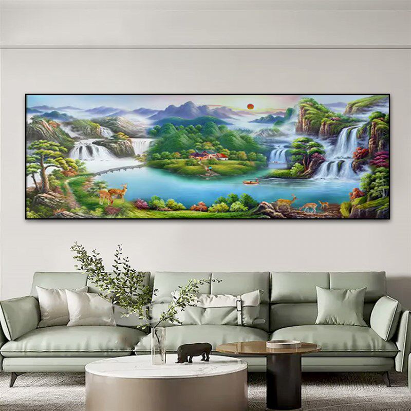 青山绿水挂画客厅沙发背景墙横幅聚宝盆装饰画东西墙山水风景壁画