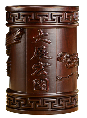 黑檀木雕大展宏图笔筒工艺品办公室书桌家居客厅木质笔筒摆件送礼