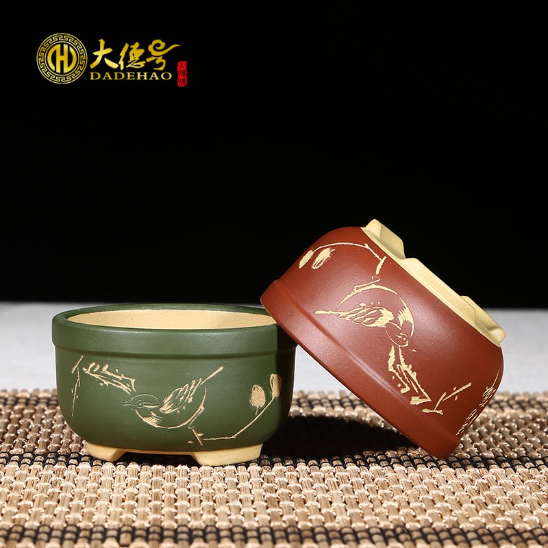 微型紫砂花盆 精品粉浆刻绘菖蒲多肉植物办公桌茶台摆件小盆栽盆