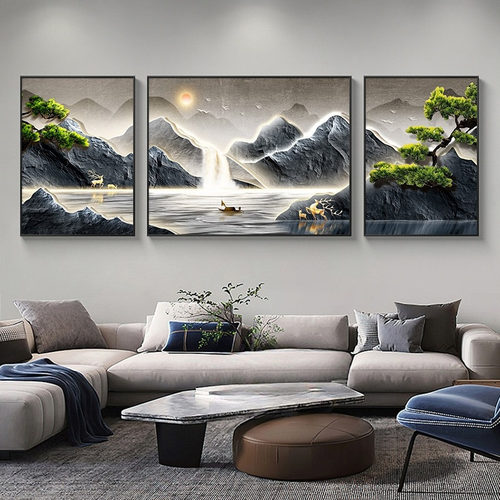 流水生财山水靠山装饰画客厅沙发背景墙挂画高档大气2023新款壁画