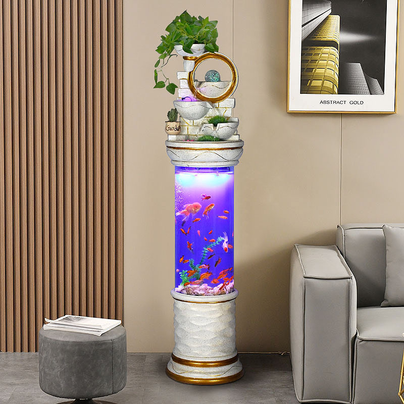 新中式轻奢流水生财金鱼缸摆件客厅落地圆柱形金鱼缸景喷泉加湿器