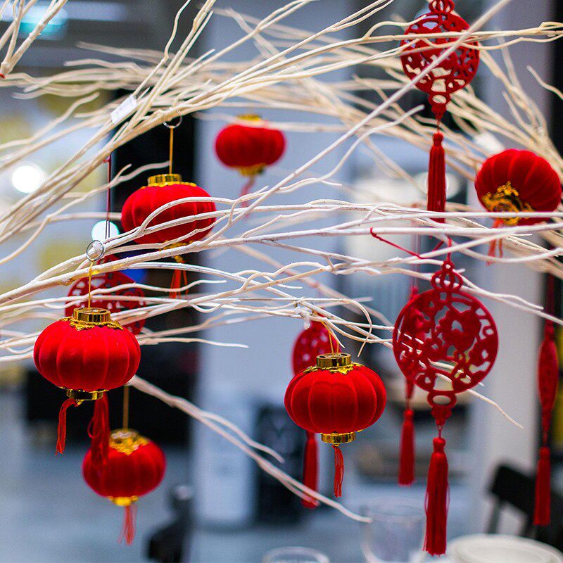 2026新年饰品植绒小红灯笼串挂饰户外氛围装饰场景布置盆景挂件