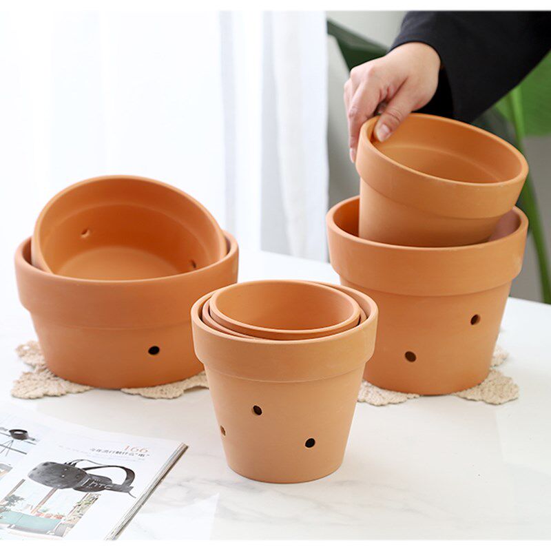 红陶花盆带陶土托盘加壁孔透气透水种植盆粗陶土多肉盆泥瓦兰花盆 - 实物图
