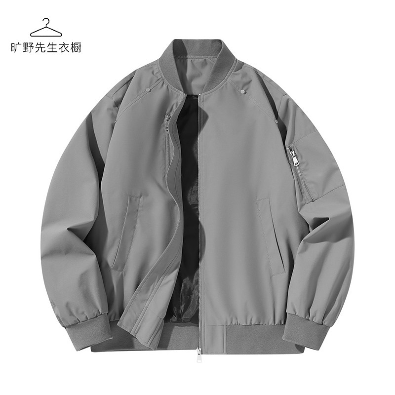旷野先生秋季美式复古飞行员夹克男棒球服外套宽松休闲灰色
