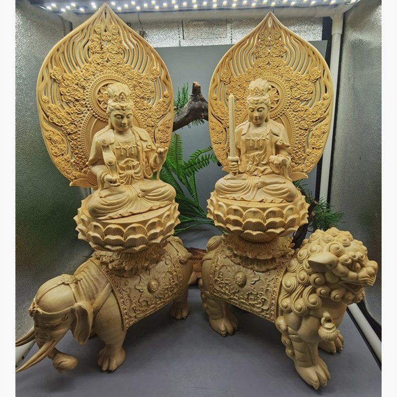 文殊普贤菩萨木雕摆件大号生肖本命佛像家用供奉客厅镇宅招财平安