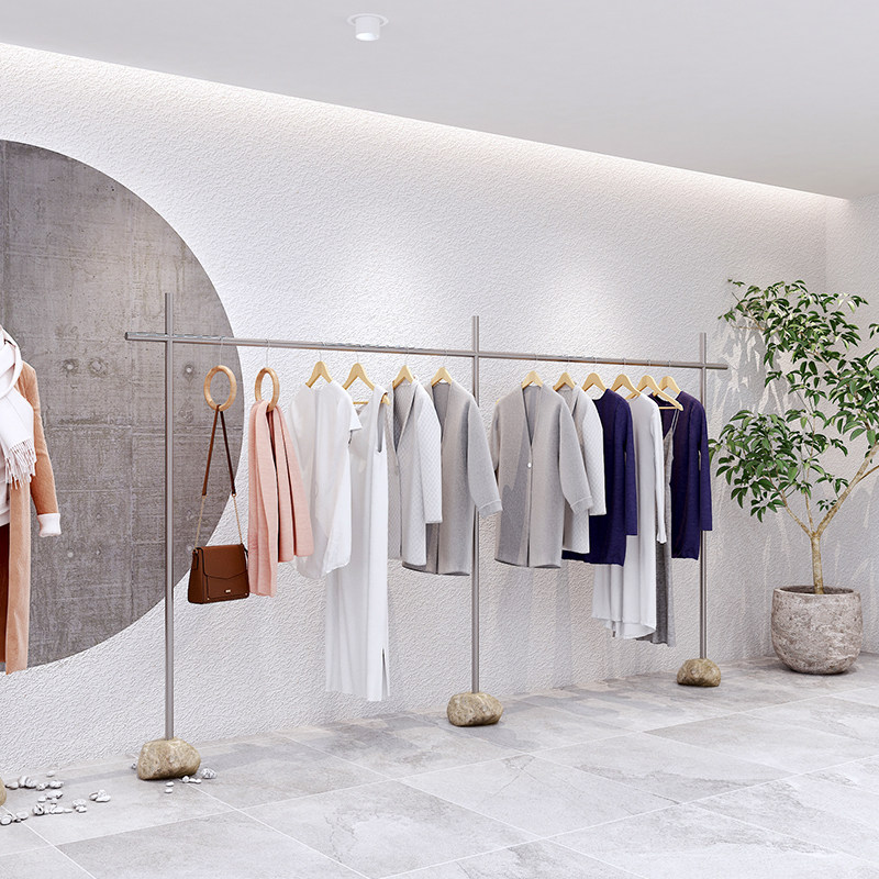 创意服装店展示架橱窗女装货架石头底座不锈钢衣服挂架落地式架子