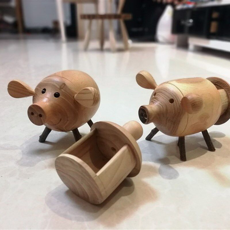木头小猪创意木质桌面玄关工艺品摆件饰品收纳盒储物罐礼物送小孩
