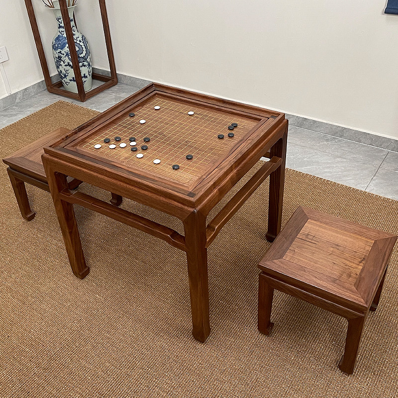 新中式方桌北美黑胡桃木茶桌阳台小茶几实木象棋桌榆木飘窗围棋桌