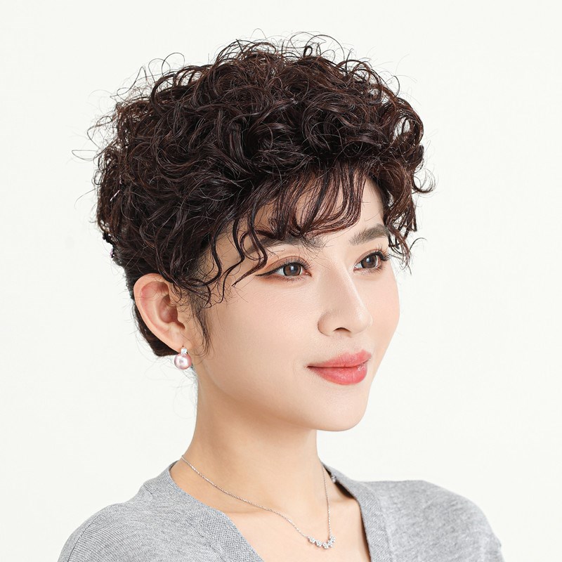 中老年假发时尚盘发真人发丝全头套蓬松复古卷逼真女人自然羊毛卷