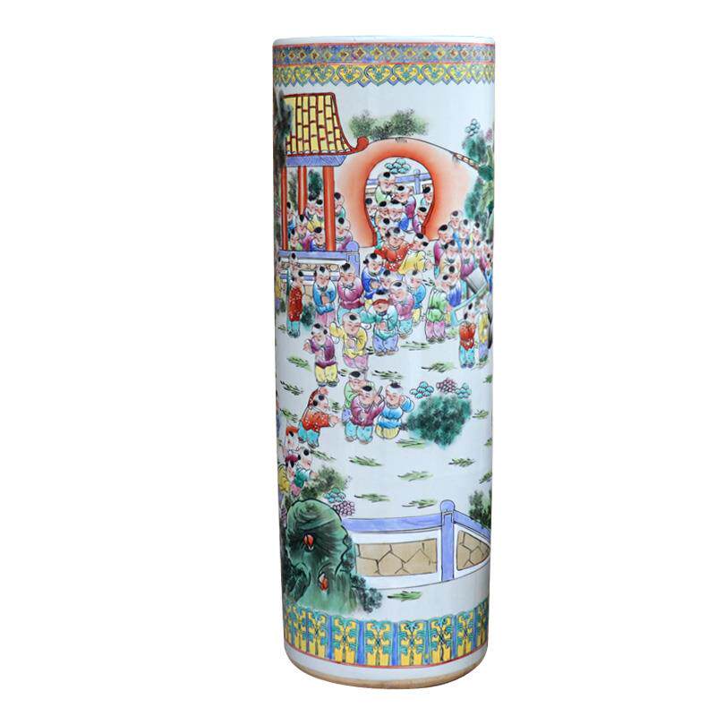 景德镇陶瓷手绘粉彩瓷百子图花瓶直筒客厅书房酒店家居饰品摆饰