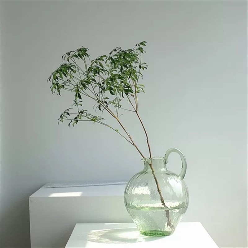 手工制作环保绿色条纹气泡单耳手柄玻璃花瓶马醉木吊钟插花器摆件