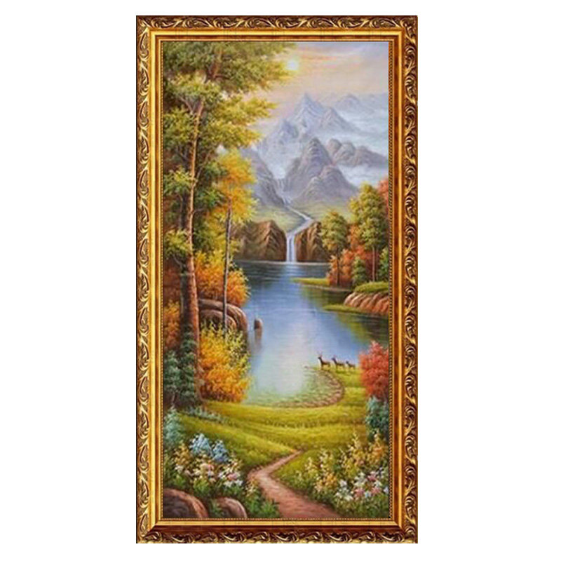 欧式风景手绘油画客厅山水玄关走廊过道装饰画竖版风景挂画聚宝盆
