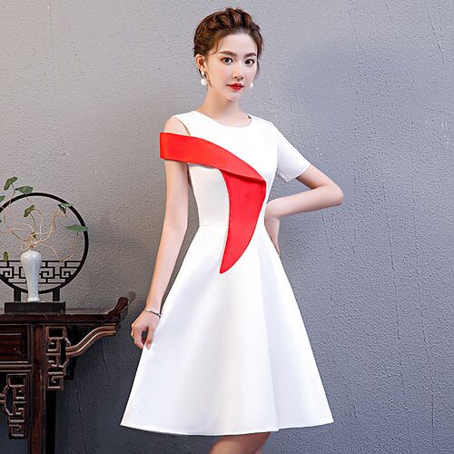 小晚礼服裙女白色礼仪服装学生颁奖演讲比赛朗诵合唱团演出服主持
