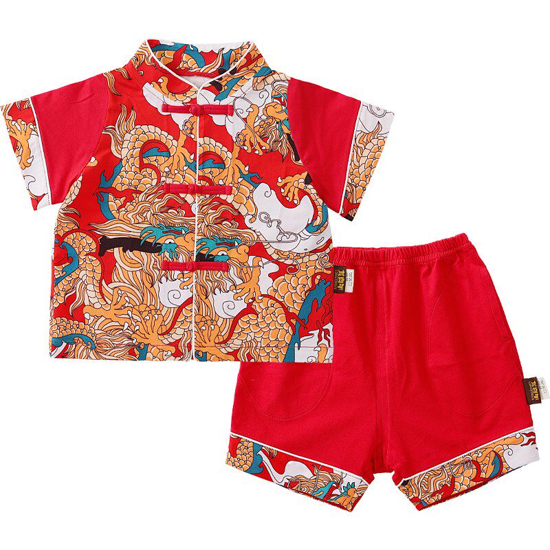 龙喜年周岁礼服男宝宝新中式汉服红色抓周宴短袖唐装套装衣服夏季