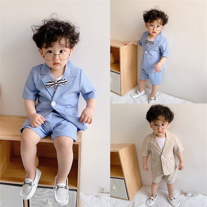 男童春夏装西服两件套宝宝洋气西装套装儿童休闲礼服1周岁生日装