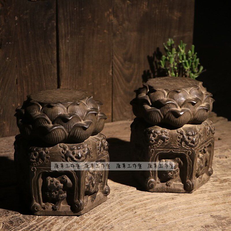 青石雕刻复古莲花兽头老石墩石柱门墩中式摆件花盆底座石材装饰